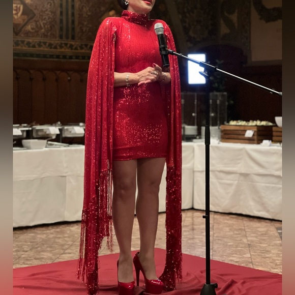RICHARD DEMETER One Of A Kind Red Sequined Dress With Waterfall Sleeves Size XS - Picture 14 of 14